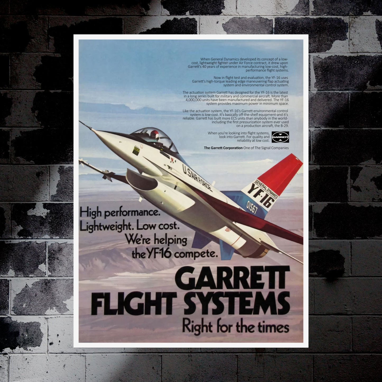 "Garrett Flight Systems - YF-16” Retro Style Military Aircraft Ad Poster Replica - Multiple Sizes Available!