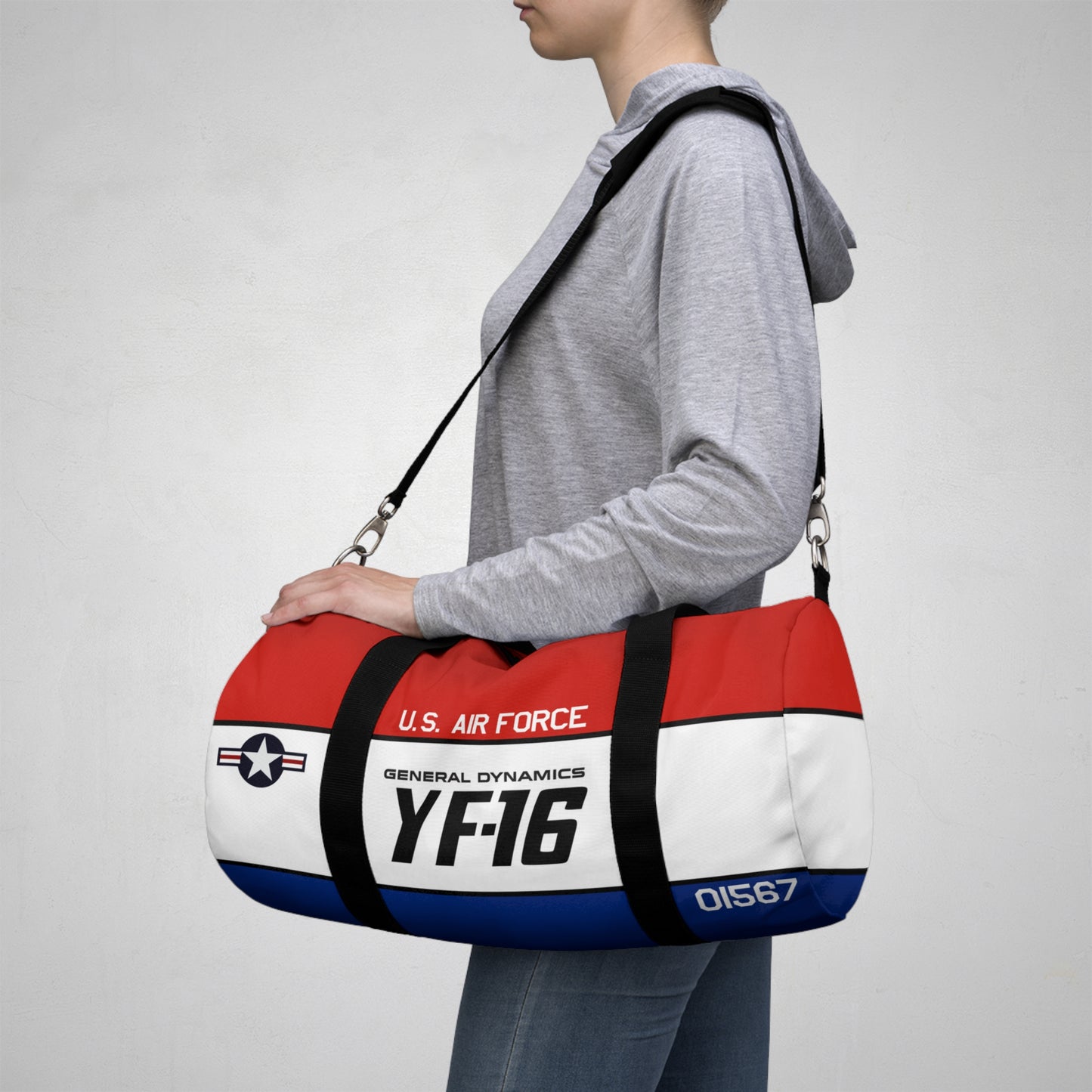 Patriotic Duffel Bag, YF-16 Fighting Falcon Gym Bag, Travel Bag for Aviation Enthusiasts