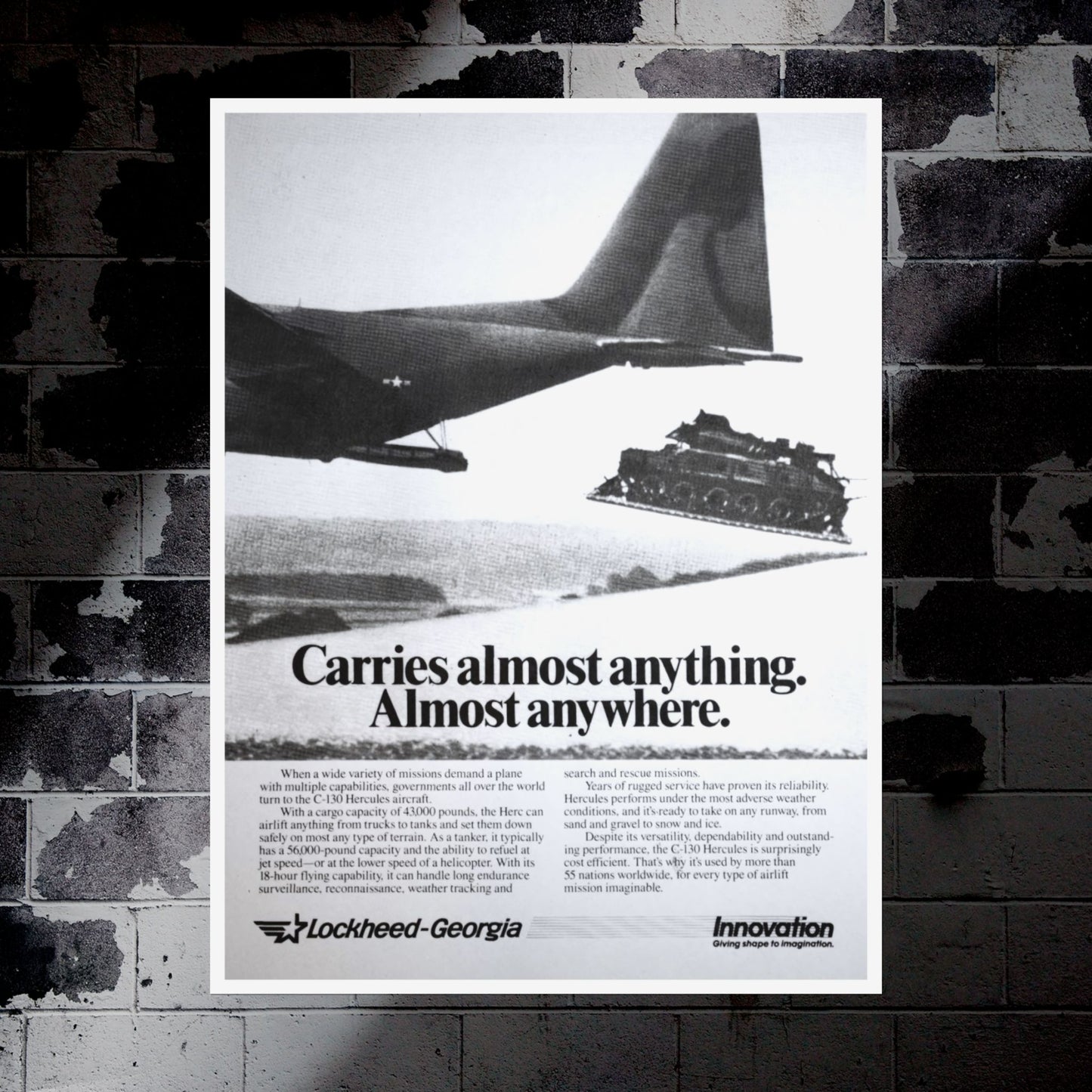 "C-130 Hercules - Carries Almost Anything. Almost Anywhere” Retro Style Military Aircraft Ad Poster Replica - Multiple Sizes Available!