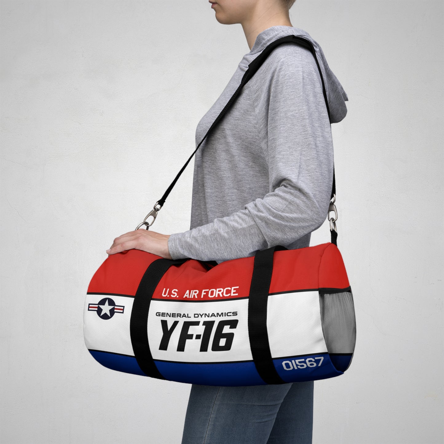 Patriotic Duffel Bag, YF-16 Fighting Falcon Gym Bag, Travel Bag for Aviation Enthusiasts