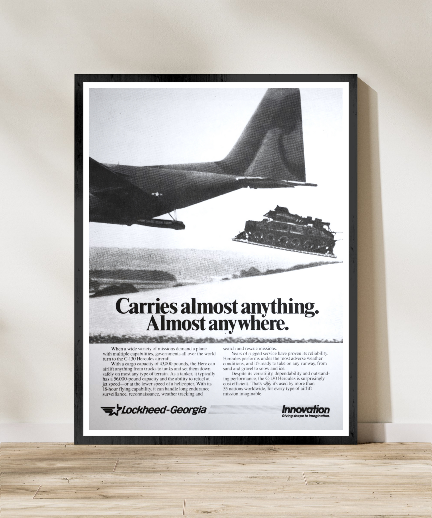 "C-130 Hercules - Carries Almost Anything. Almost Anywhere” Retro Style Military Aircraft Ad Poster Replica - Multiple Sizes Available!
