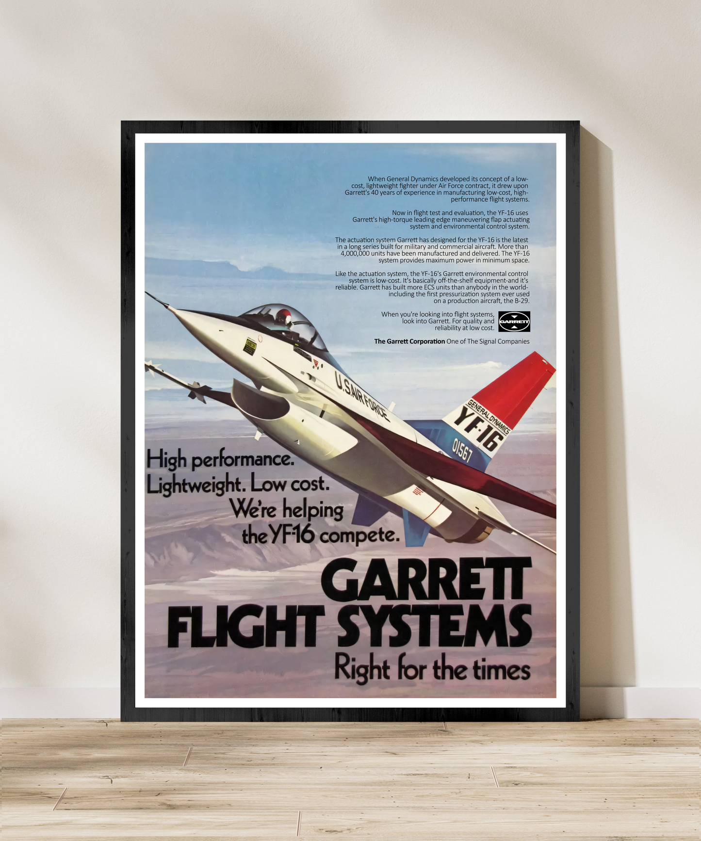 "Garrett Flight Systems - YF-16” Retro Style Military Aircraft Ad Poster Replica - Multiple Sizes Available!