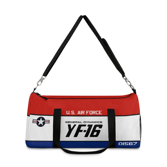 Duffel bag with U.S. Air Force and YF-16 branding on a white background