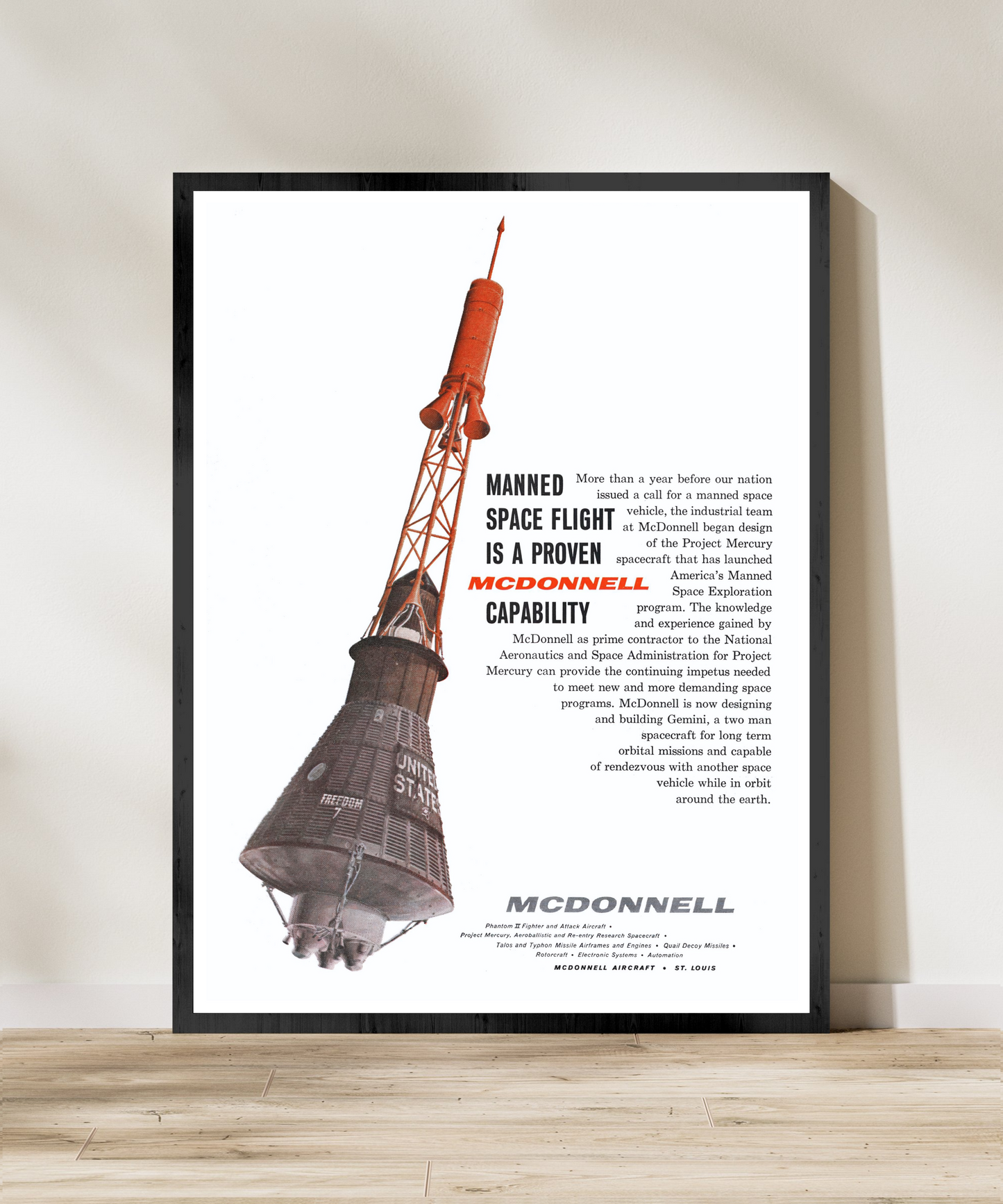 McDonnell "Mercury Spacecraft" Retro Style Ad Poster Replica - Multiple Sizes Available!