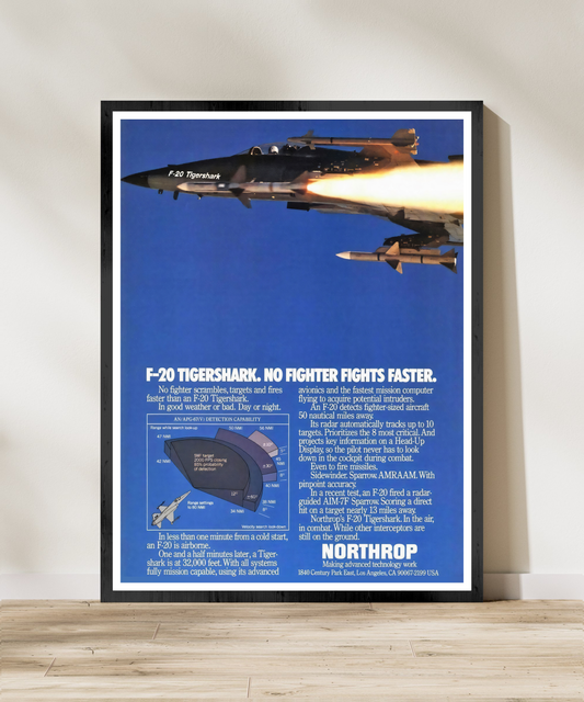 "F-20 Tigershark - No Fighter Fights Faster” Retro Style Military Aircraft Ad Poster Replica - Multiple Sizes Available!